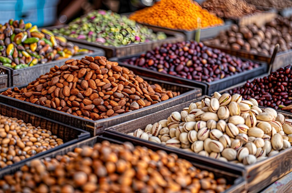 A variety of nuts in bulk at the farmer's market.