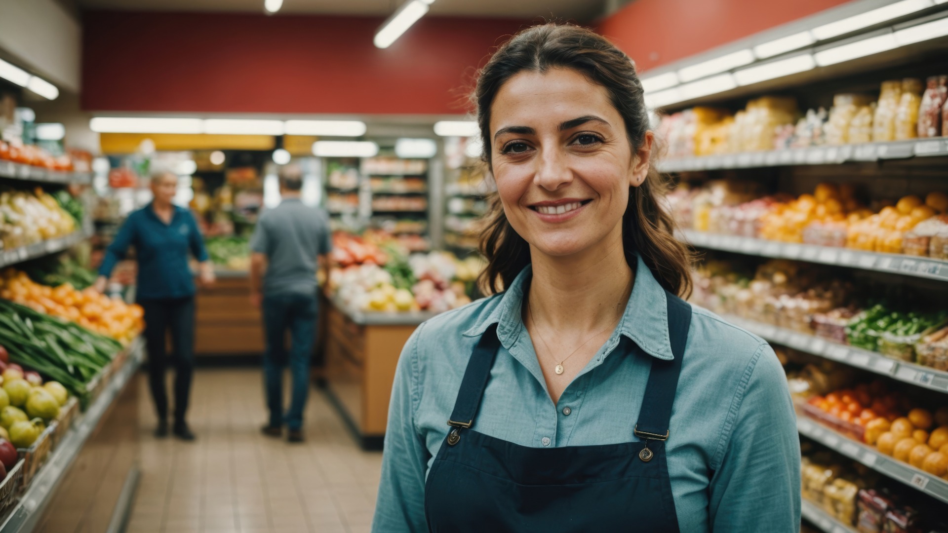Close portrait of a smiling 40s Turkish female grocer standing and looking at the camera, Turkish grocery store blurred background